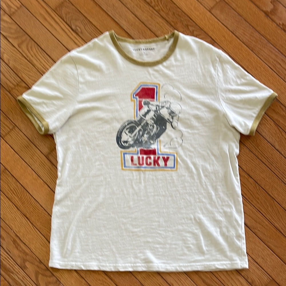 Men’s Lucky Brand Cream and Tan Short Sleeve Tee Size Large